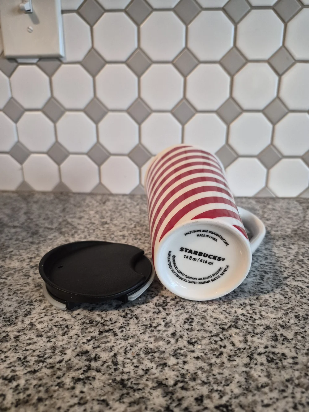 Collectible Starbucks Holiday Travel Mug Red/White Candy Cane Striped w/Lid 14oz